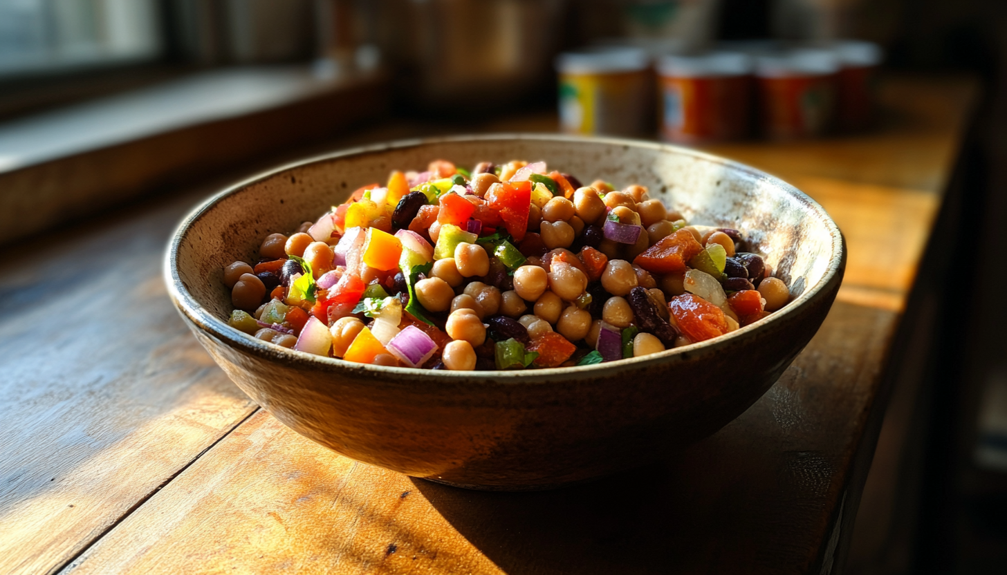 A rustic ceramic bowl filled with dense bean salad featuring chickpeas, kidney beans, and fresh vegetables, placed on a wooden counter with natural lighting.