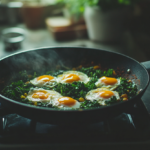 Freshly cooked green shakshuka with poached eggs and greens in a black skillet