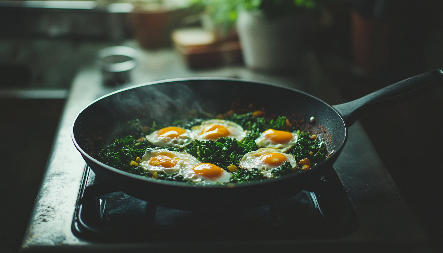 Freshly cooked green shakshuka with poached eggs and greens in a black skillet