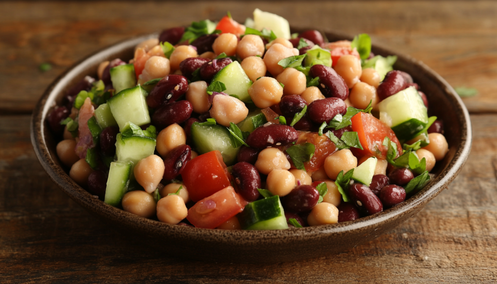 A close-up of a homemade bean salad with chickpeas, kidney beans, tomatoes, cucumbers, and parsley, served in a bowl on a rustic wooden table.